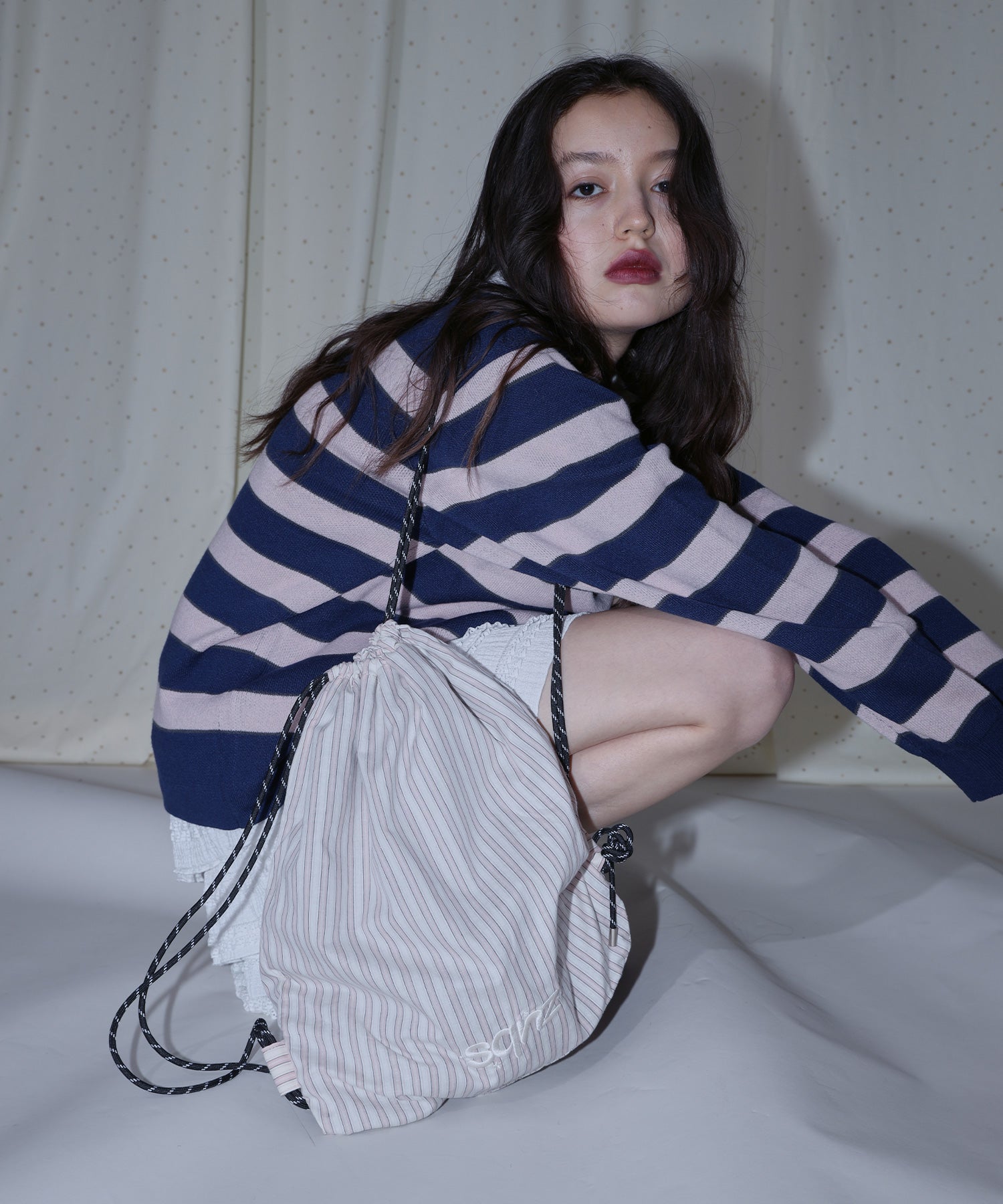 sqnz dairy 2way knapsack / ナップサック バック 2WAY ブランドロゴ チェック ストライプ ライトピンク