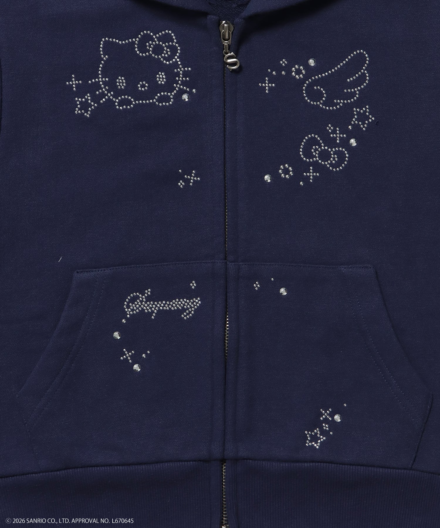 HK SHINING KITTY ZIPPK / 半袖 ジップパーカー フーディ ダブルジップ ラインストーン ウェット ダークネイビー