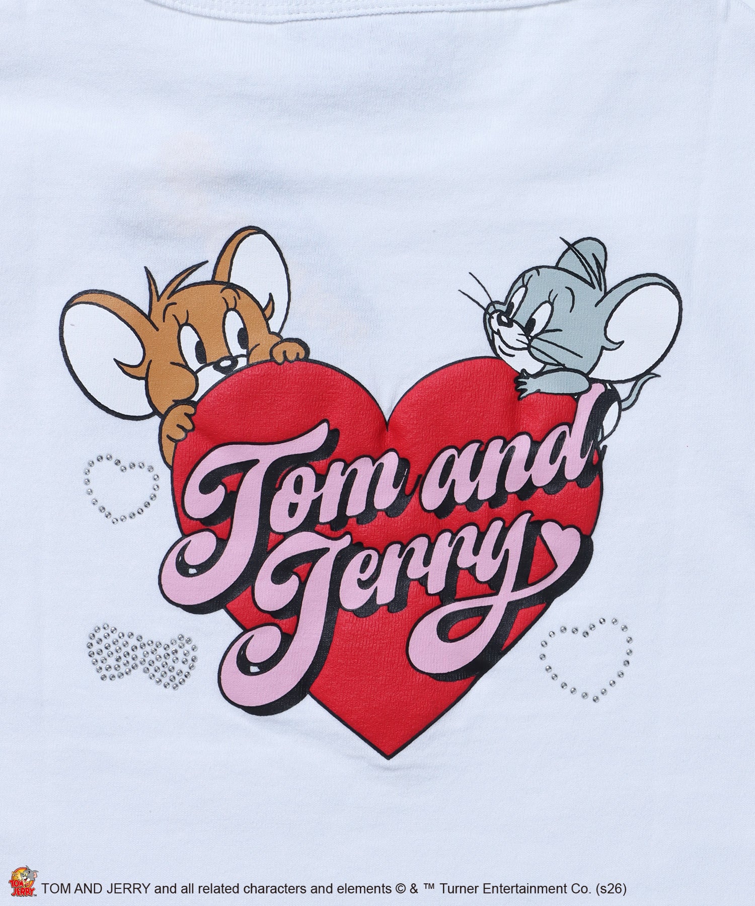 TJ HEART BABE TEE / レディース トムとジェリー Tシャツ 半袖 クルーネック プリント ラインストーン ピチT ちびT ホワイト