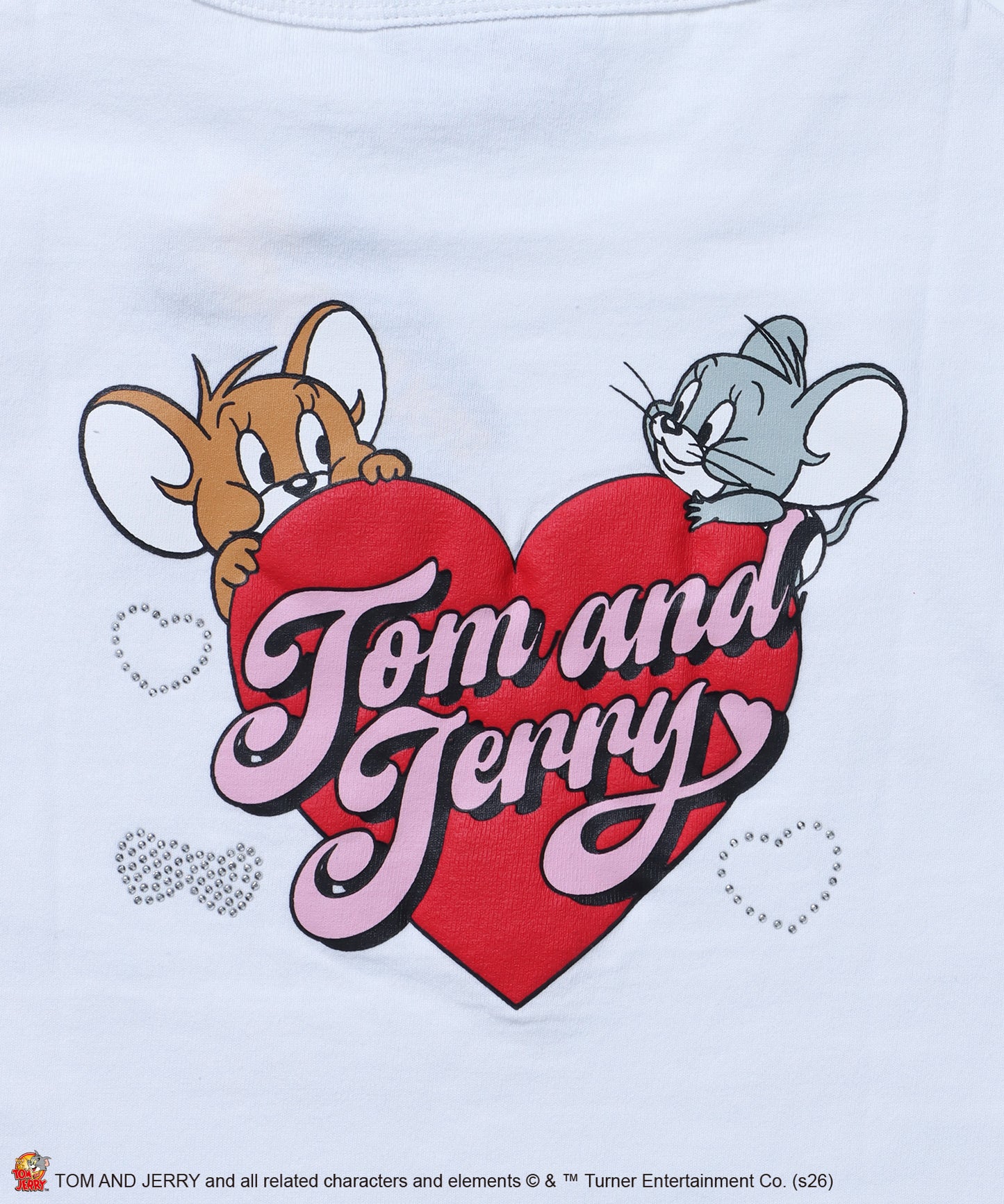 TJ HEART BABE TEE / レディース トムとジェリー Tシャツ 半袖 クルーネック プリント ラインストーン ピチT ちびT ホワイト