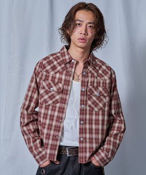 sqnz western l/s shirts / シャツ チェック 刺繍 長袖 ボタン ポケット ウエスタン 短丈 ブラウン
