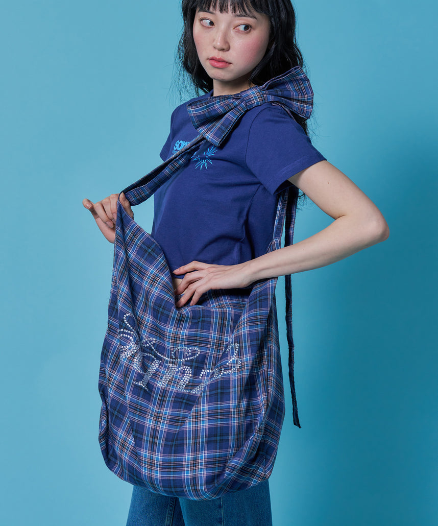 ≪予約商品≫sqnz favorite kira-kira totebag / ラインストーン バック チェック柄 2way ユニセックス ネイビー