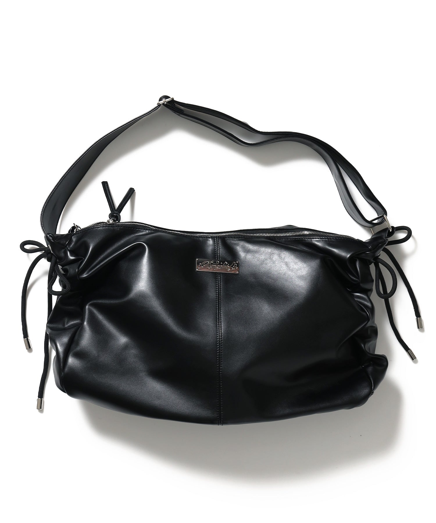 ※WEB限定 / フェイクレザー フェイクスエード メタルプレート 雑貨 バック / シャーリングショルダーバック / sqnz shirring bag ブラック