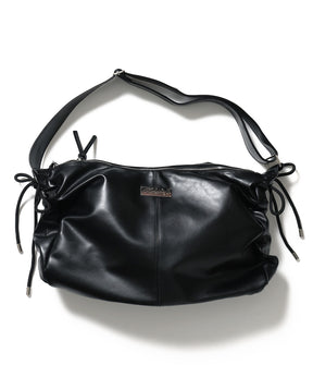 ※WEB限定 / フェイクレザー フェイクスエード メタルプレート 雑貨 バック / シャーリングショルダーバック / sqnz shirring bag ブラック