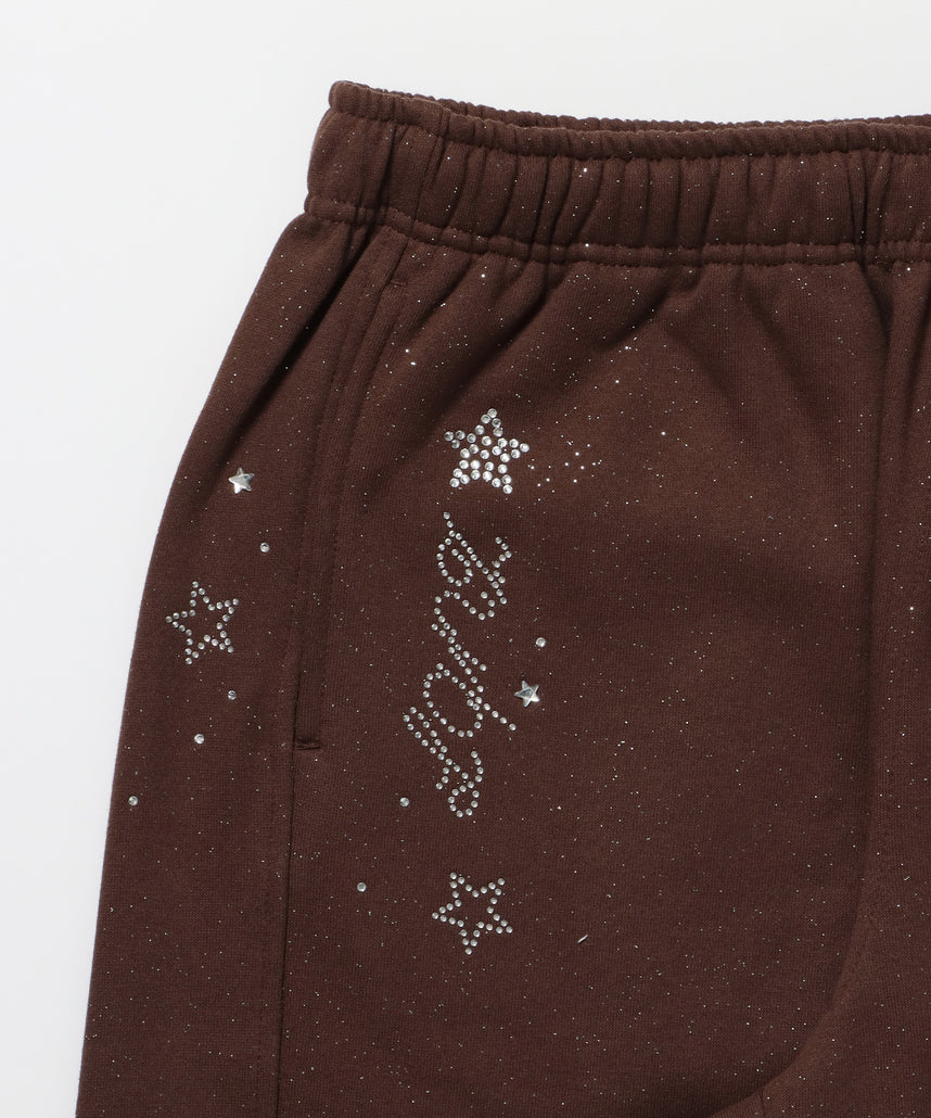 sqnz glitter sweat pants / グリッター スウェットパンツ ラインストーン ドローストリング ポケット 裏起毛 【セットアップ着用可能】 モカ