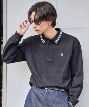 ラインリブロゴ刺繍ポロシャツ / ポロシャツ 鹿の子 Tシャツ 長袖 ワンポイント ブラック