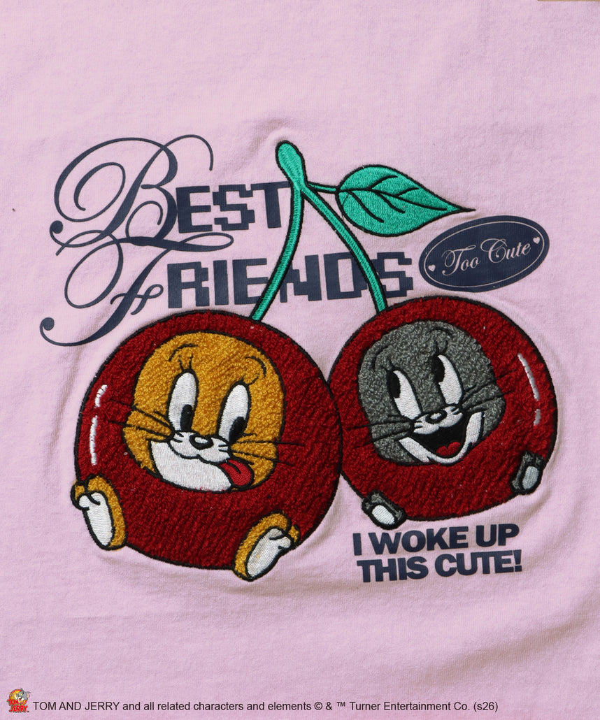 TJ CHERRY FLOCKY S/S TEE / トムとジェリー Tシャツ 半袖 クルーネック プリント 刺繍 オーバーサイズ ライトピンク