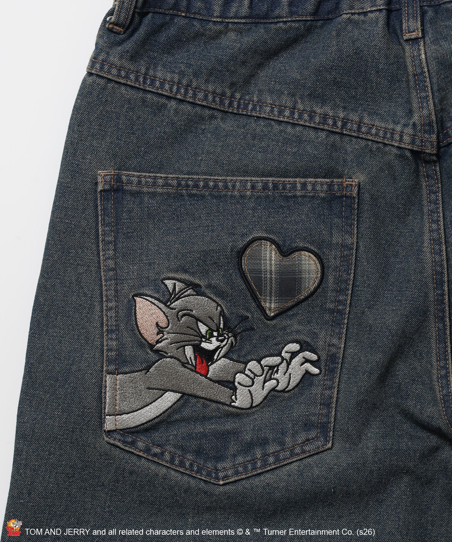 TJ PLAID DENIM PANTS / トムとジェリー チェック デニム パンツ 刺繍 加工 ネイビー