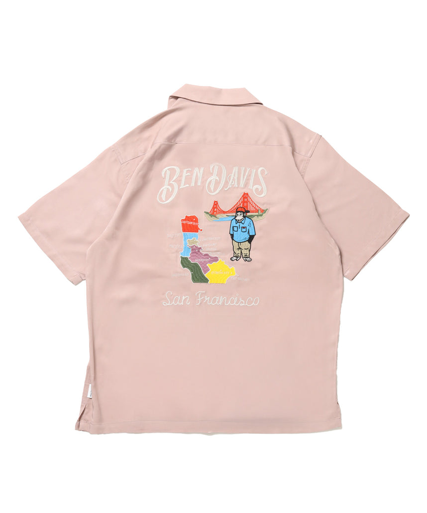 SOUVENIR EMB O/C SHIRT / 半袖 シャツ 刺繍 オープンカラー ヴィンテージライク ピンク