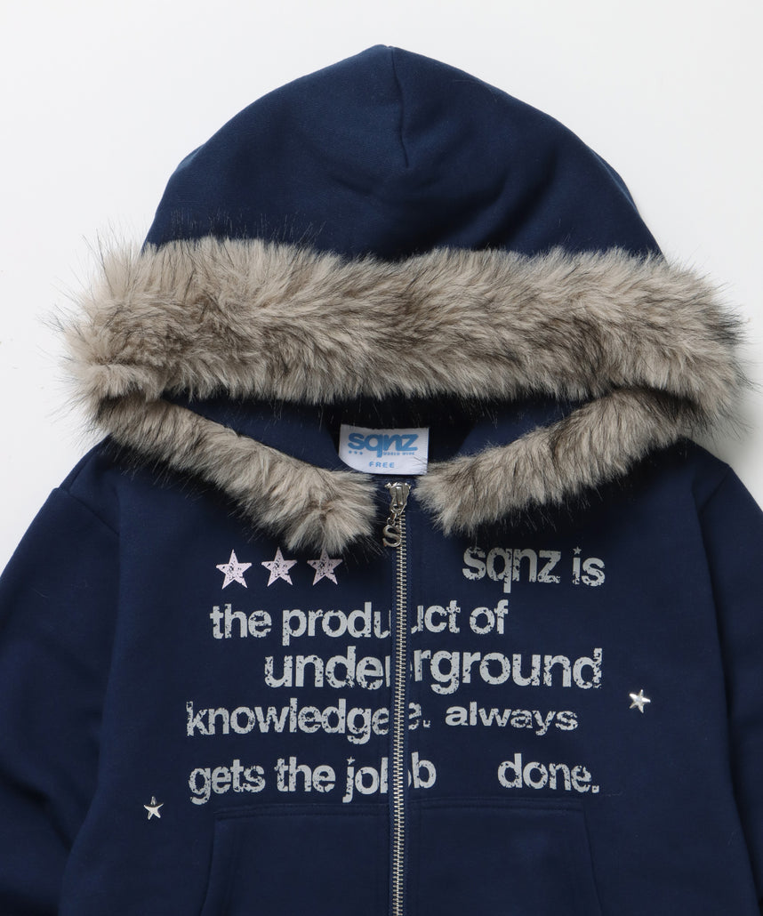 【sqnz(エスキュンズ)】sqnz fur zip pk / レディース ファー ジップパーカー 裏起毛 短丈 スタッズ ダブルジップ