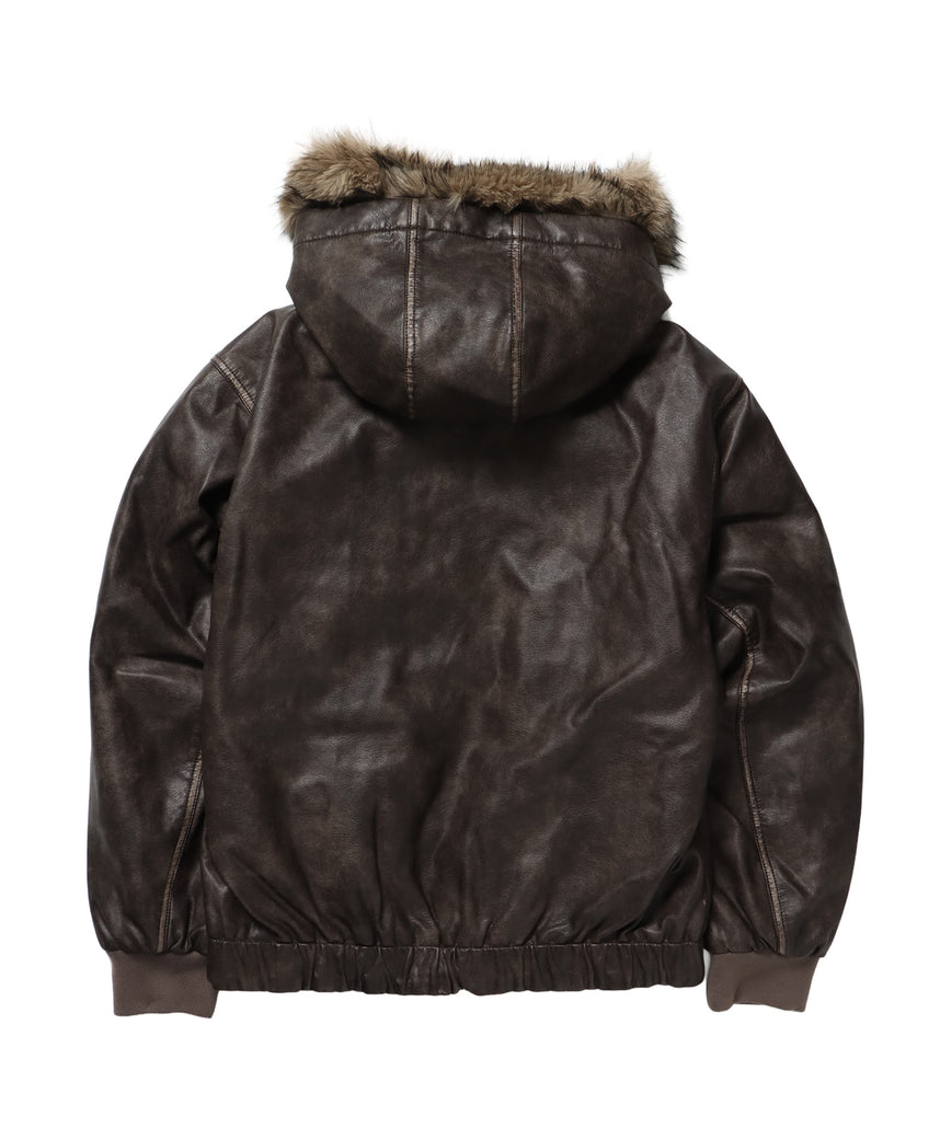 FUR PU HOODIE JKT / フェイクレザー ジャケット ファー 中綿 ダブルジップ フーディ ブラウン