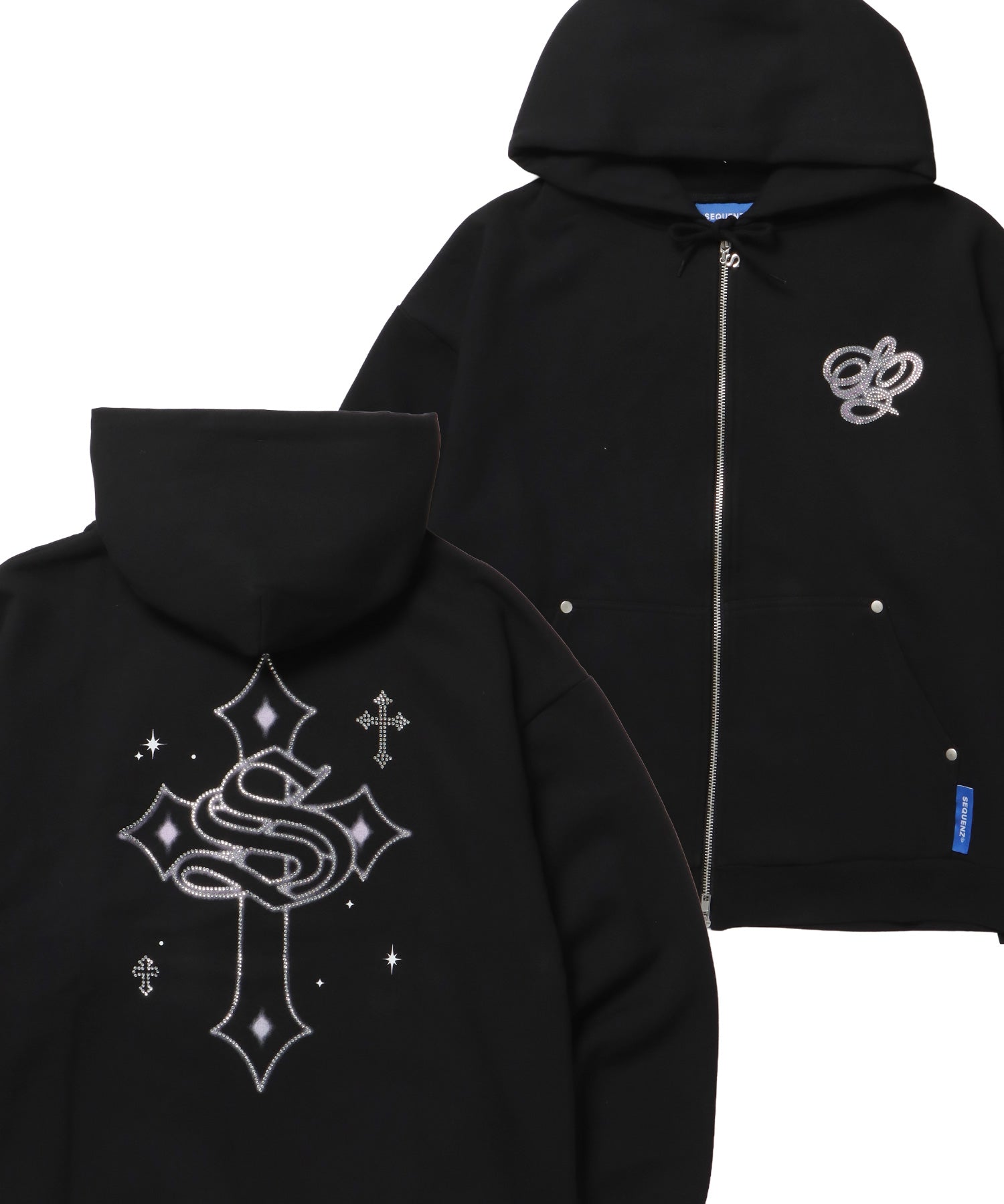 CROSS RHINE STONE ZIP P/K / パーカー ジップパーカー ラインストーン クロスデザイン 裏起毛 ダブルジップ 短丈 【セットアップ】 ブラック