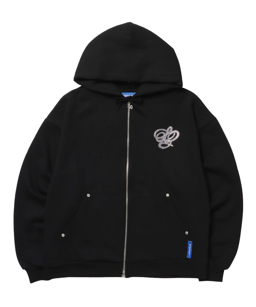 CROSS RHINE STONE ZIP P/K / パーカー ジップパーカー ラインストーン クロスデザイン 裏起毛 ダブルジップ 短丈 【セットアップ】 ブラック