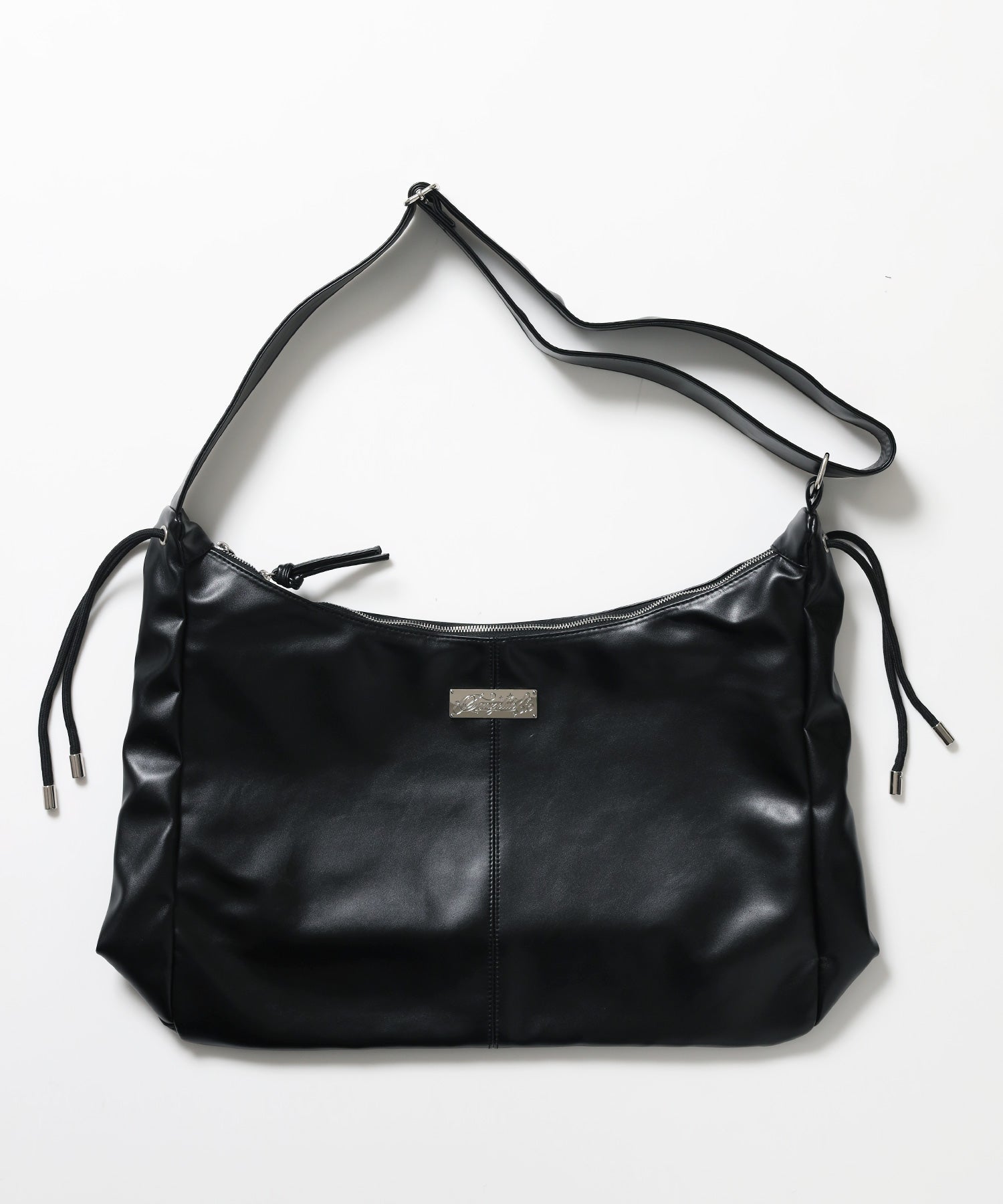 ※WEB限定 / フェイクレザー フェイクスエード メタルプレート 雑貨 バック / シャーリングショルダーバック / sqnz shirring bag ブラック