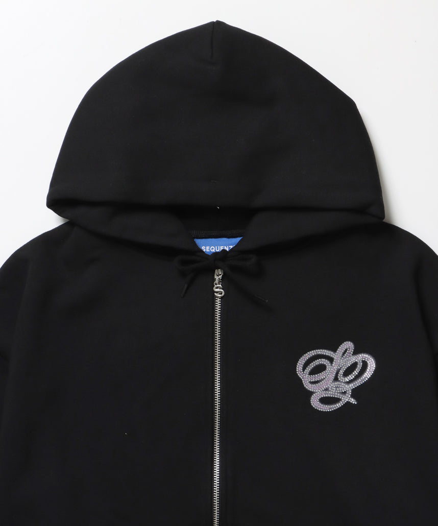 CROSS RHINE STONE ZIP P/K / パーカー ジップパーカー ラインストーン クロスデザイン 裏起毛 ダブルジップ 短丈 【セットアップ】 ブラック