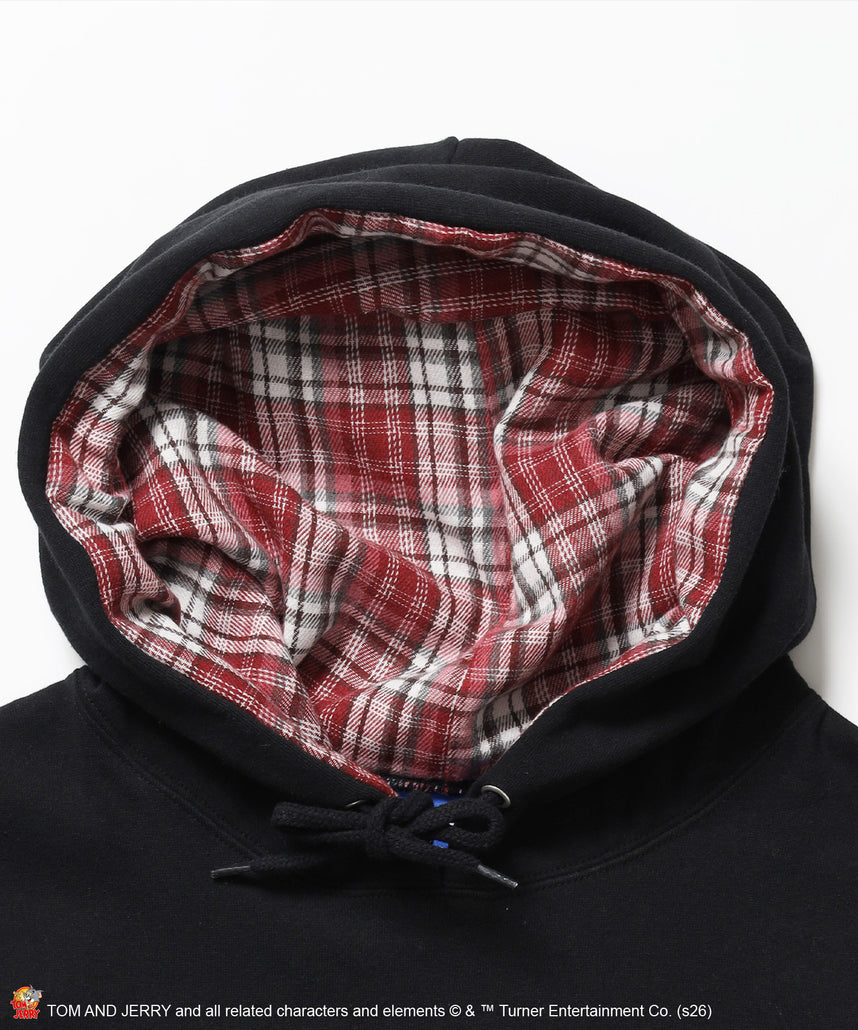 TJ PLAID APPLIQUE P/K / トムとジェリー プルパーカー チェック 刺繍 ブラック