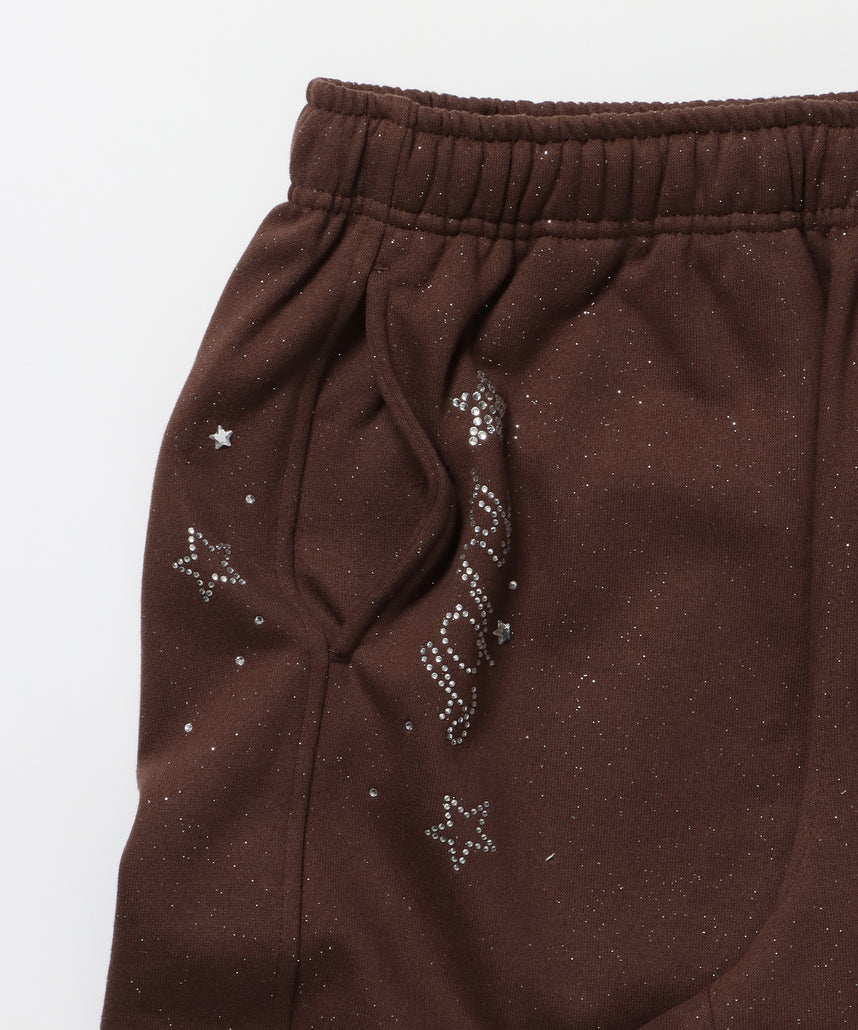 sqnz glitter sweat pants / グリッター スウェットパンツ ラインストーン ドローストリング ポケット 裏起毛 【セットアップ着用可能】 モカ