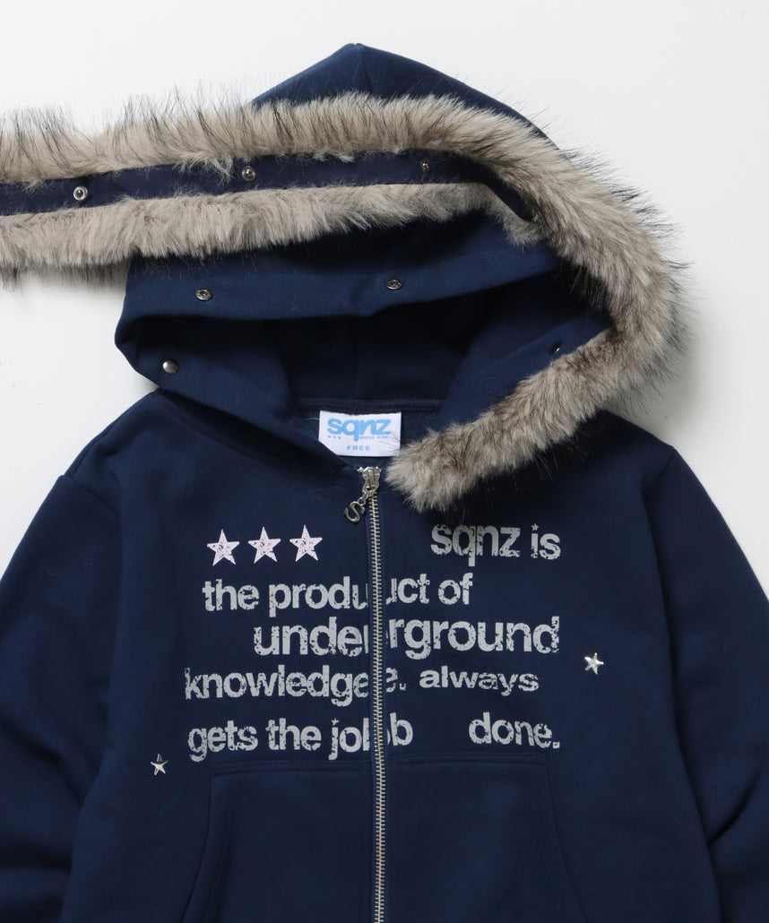 【sqnz(エスキュンズ)】sqnz fur zip pk / レディース ファー ジップパーカー 裏起毛 短丈 スタッズ ダブルジップ