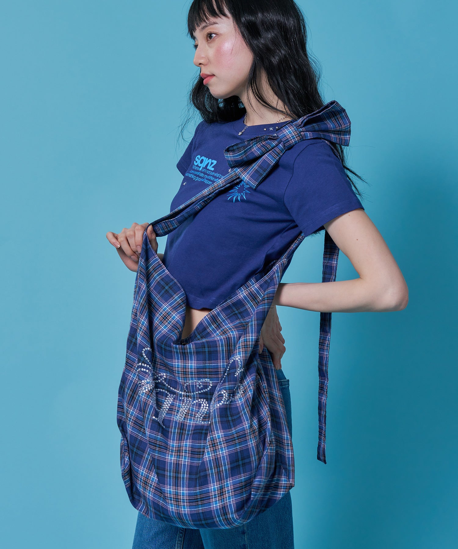 ≪予約商品≫sqnz favorite kira-kira totebag / ラインストーン バック チェック柄 2way ユニセックス ネイビー