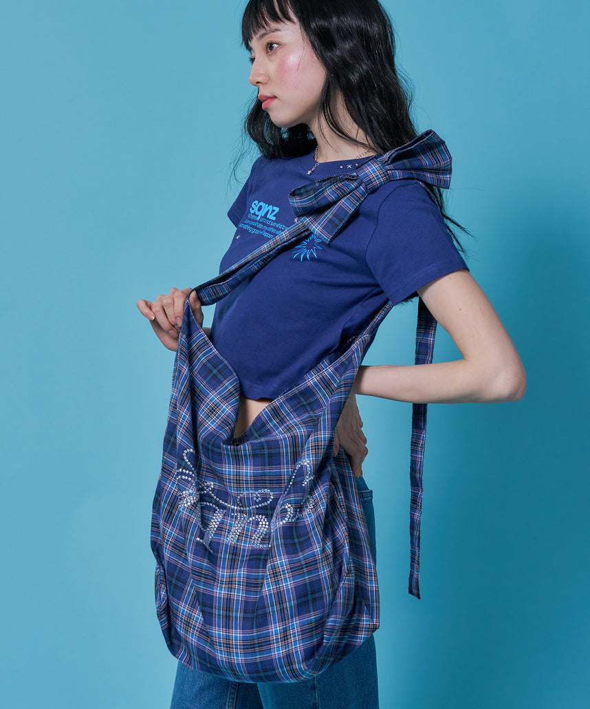 ≪予約商品≫sqnz favorite kira-kira totebag / ラインストーン バック チェック柄 2way ユニセックス ネイビー