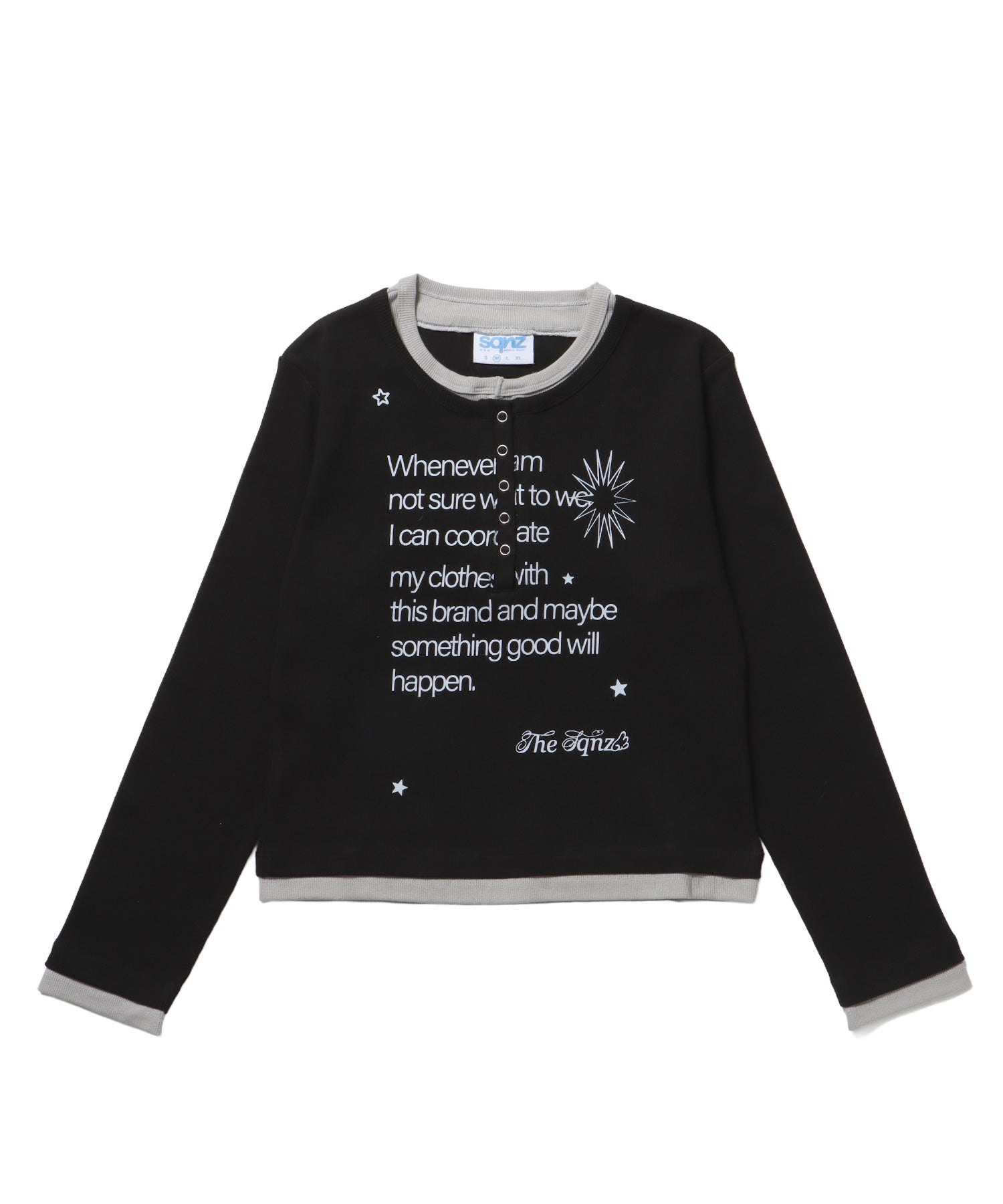 sqnz fake layered henley star l/s tee / 長袖 プリント ヘンリー フェイクレイヤード ツートーン ブラック