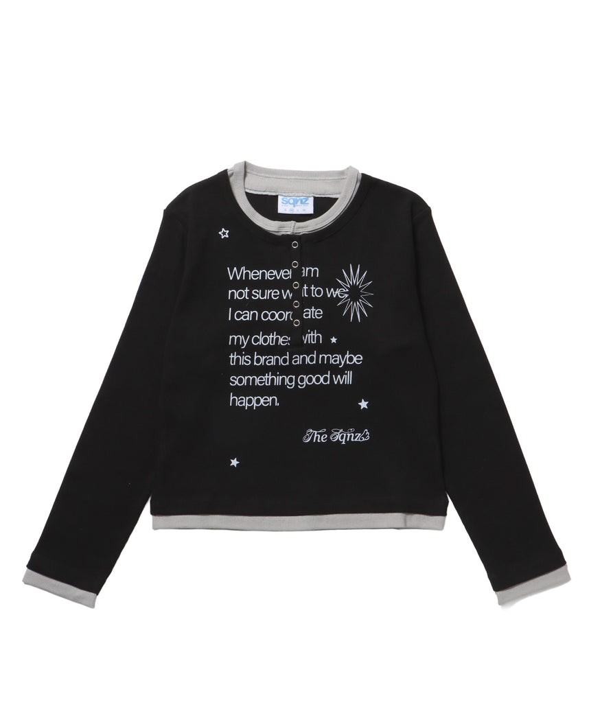 sqnz fake layered henley star l/s tee / 長袖 プリント ヘンリー フェイクレイヤード ツートーン ブラック