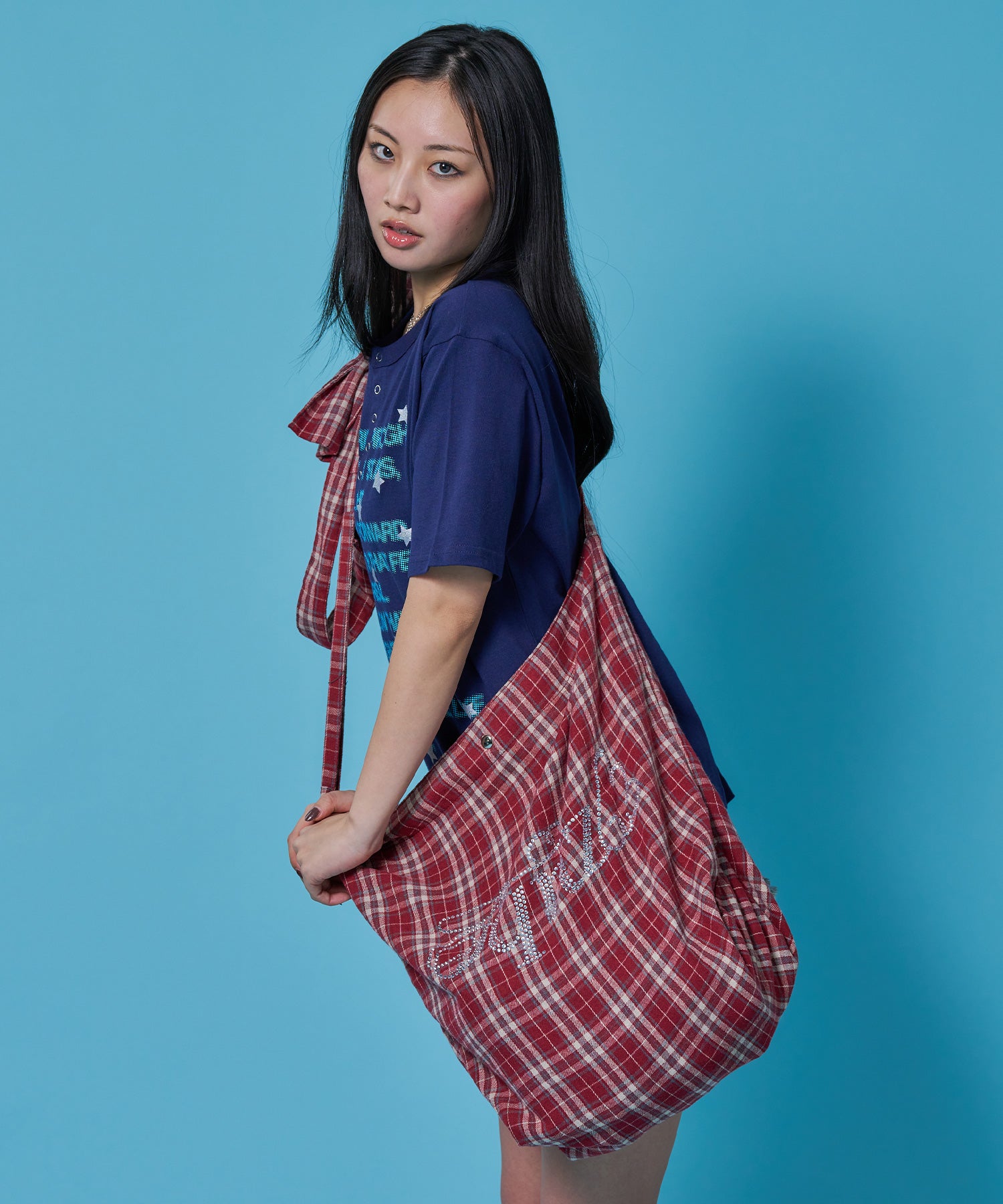 ≪予約商品≫sqnz favorite kira-kira totebag / ラインストーン バック チェック柄 2way ユニセックス レッド