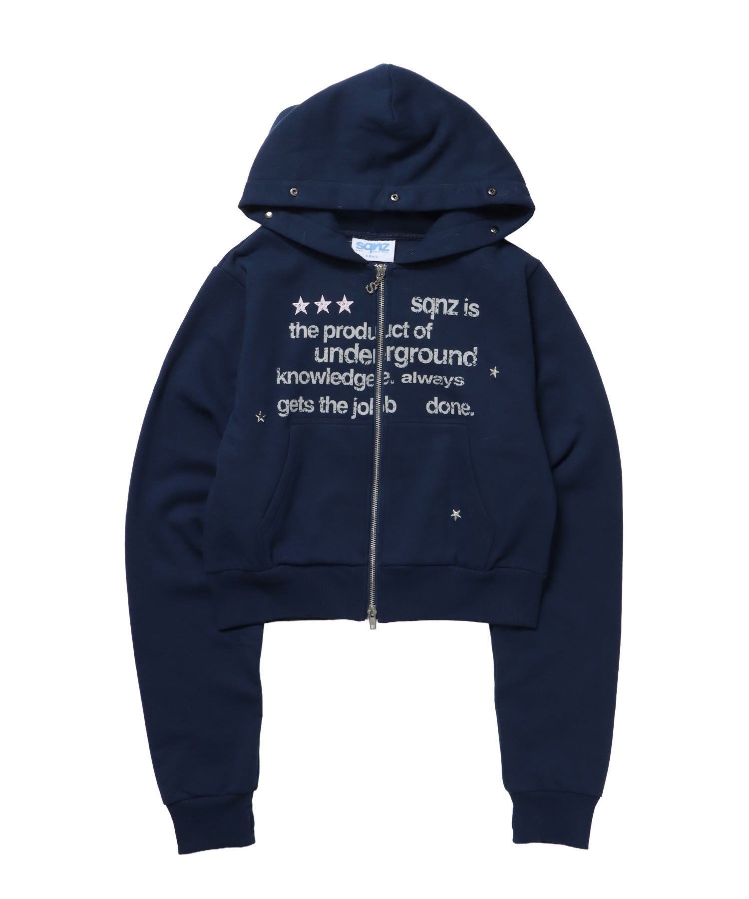 【sqnz(エスキュンズ)】sqnz fur zip pk / レディース ファー ジップパーカー 裏起毛 短丈 スタッズ ダブルジップ