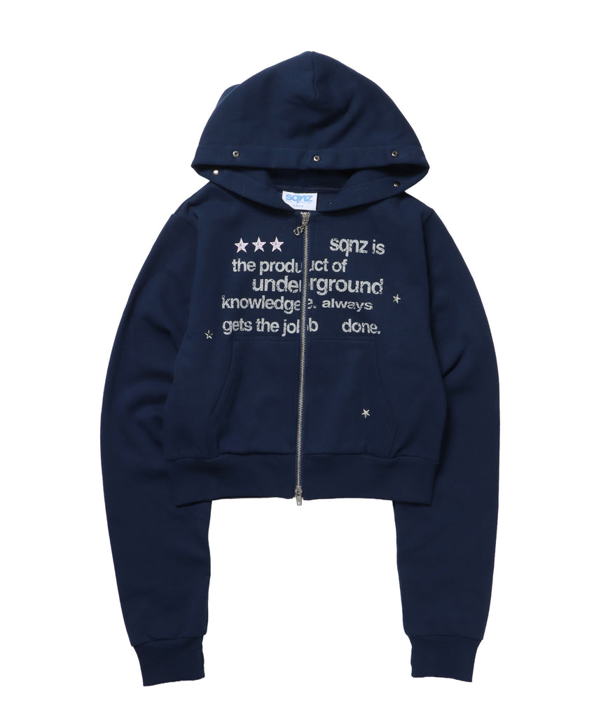 【sqnz(エスキュンズ)】sqnz fur zip pk / レディース ファー ジップパーカー 裏起毛 短丈 スタッズ ダブルジップ