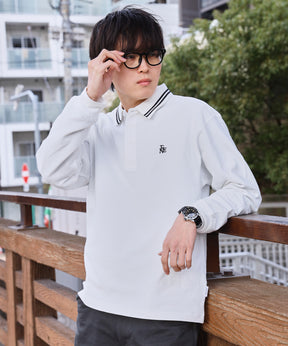 ラインリブロゴ刺繍ポロシャツ / ポロシャツ 鹿の子 Tシャツ 長袖 ワンポイント オフホワイト