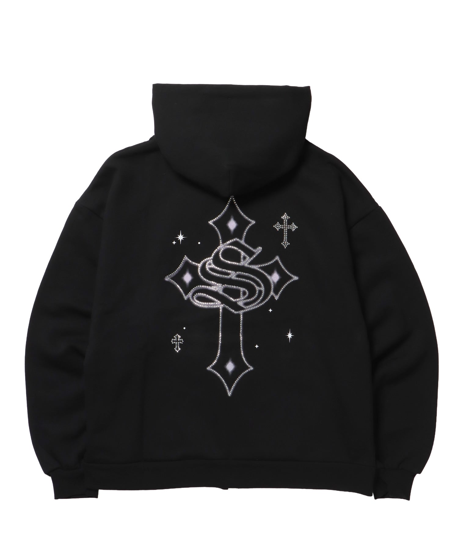 CROSS RHINE STONE ZIP P/K / パーカー ジップパーカー ラインストーン クロスデザイン 裏起毛 ダブルジップ 短丈 【セットアップ】 ブラック