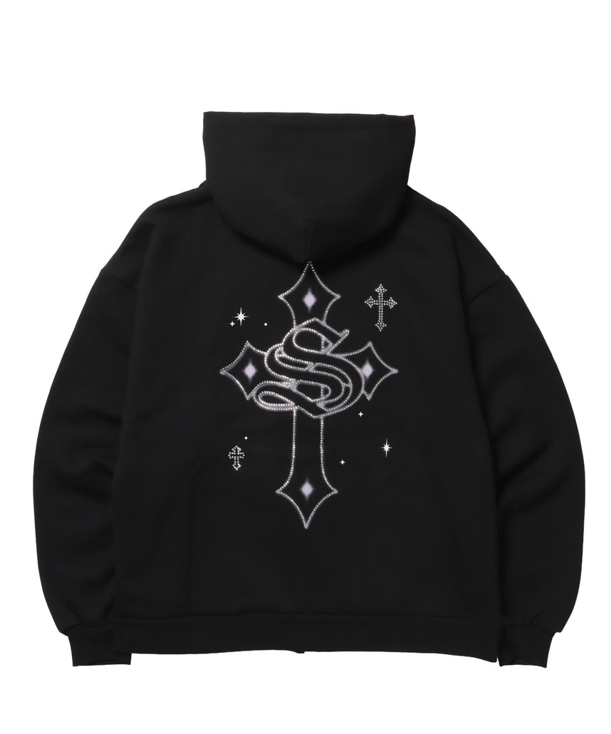 CROSS RHINE STONE ZIP P/K / パーカー ジップパーカー ラインストーン クロスデザイン 裏起毛 ダブルジップ 短丈 【セットアップ】 ブラック