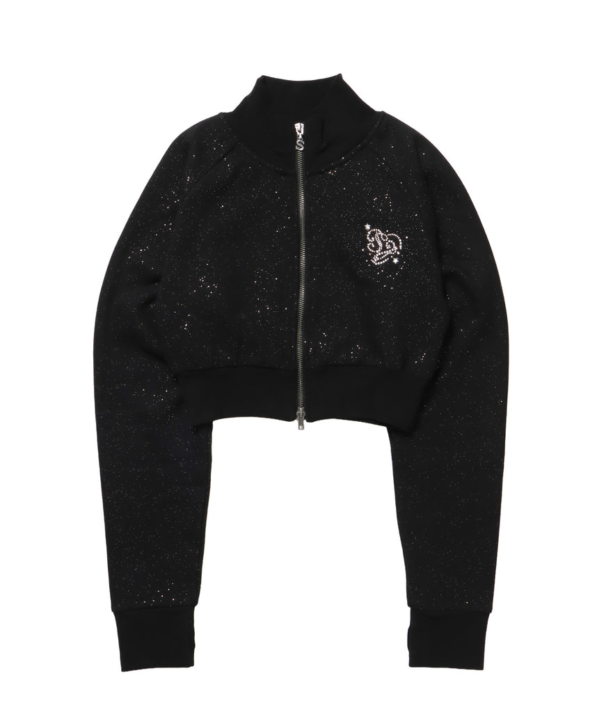 sqnz glitter zip top / グリッター ダブルジップ ジップスウェット 裏起毛 ラインストーン 【セットアップ着用可能】 ブラック