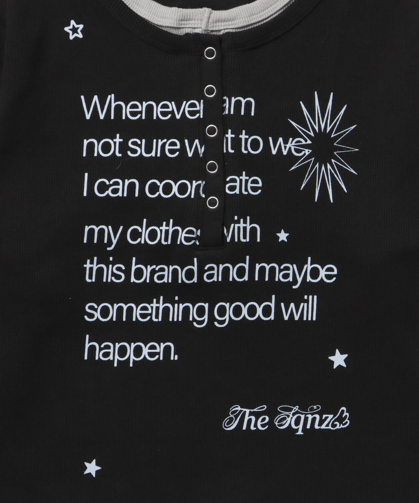 sqnz fake layered henley star l/s tee / 長袖 プリント ヘンリー フェイクレイヤード ツートーン ブラック