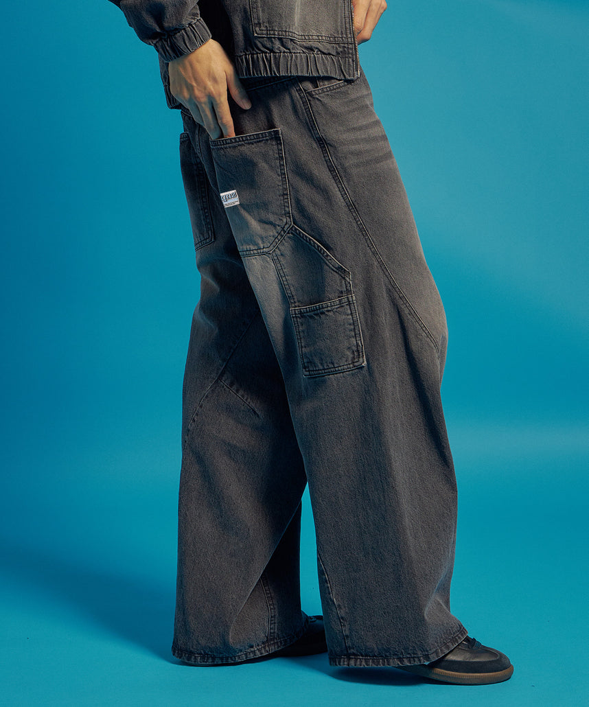 sqnz washed curve denim pants / カーブデニム ワイドパンツ ヴィンテージライク オーバーダイ ブラック ≪SET UP着用可能≫