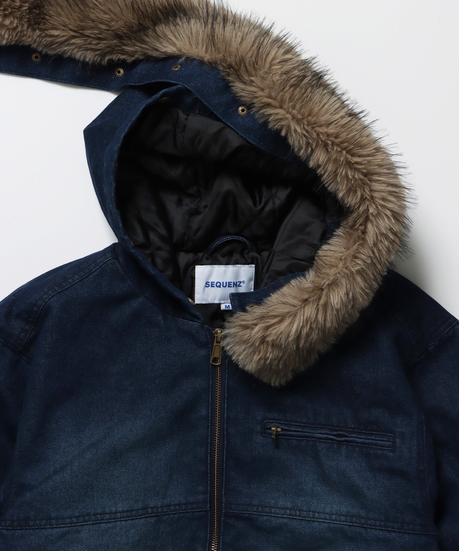 FUR DENIM HOODIE JKT / デニム ジャケット ファー 中綿 ダブルジップ フーディ ブルー