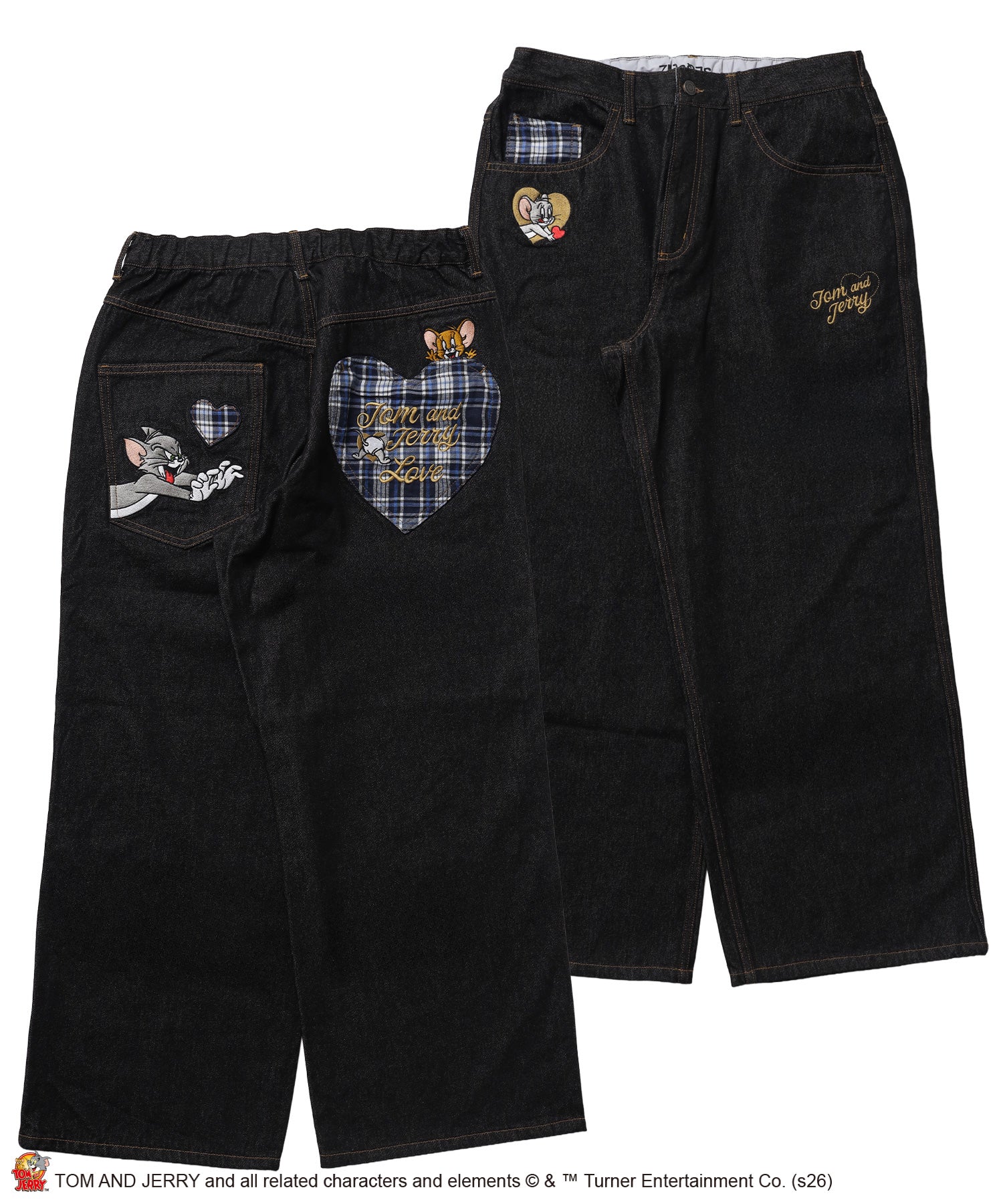 TJ PLAID DENIM PANTS / トムとジェリー チェック デニム パンツ 刺繍 加工 ブラック系その他