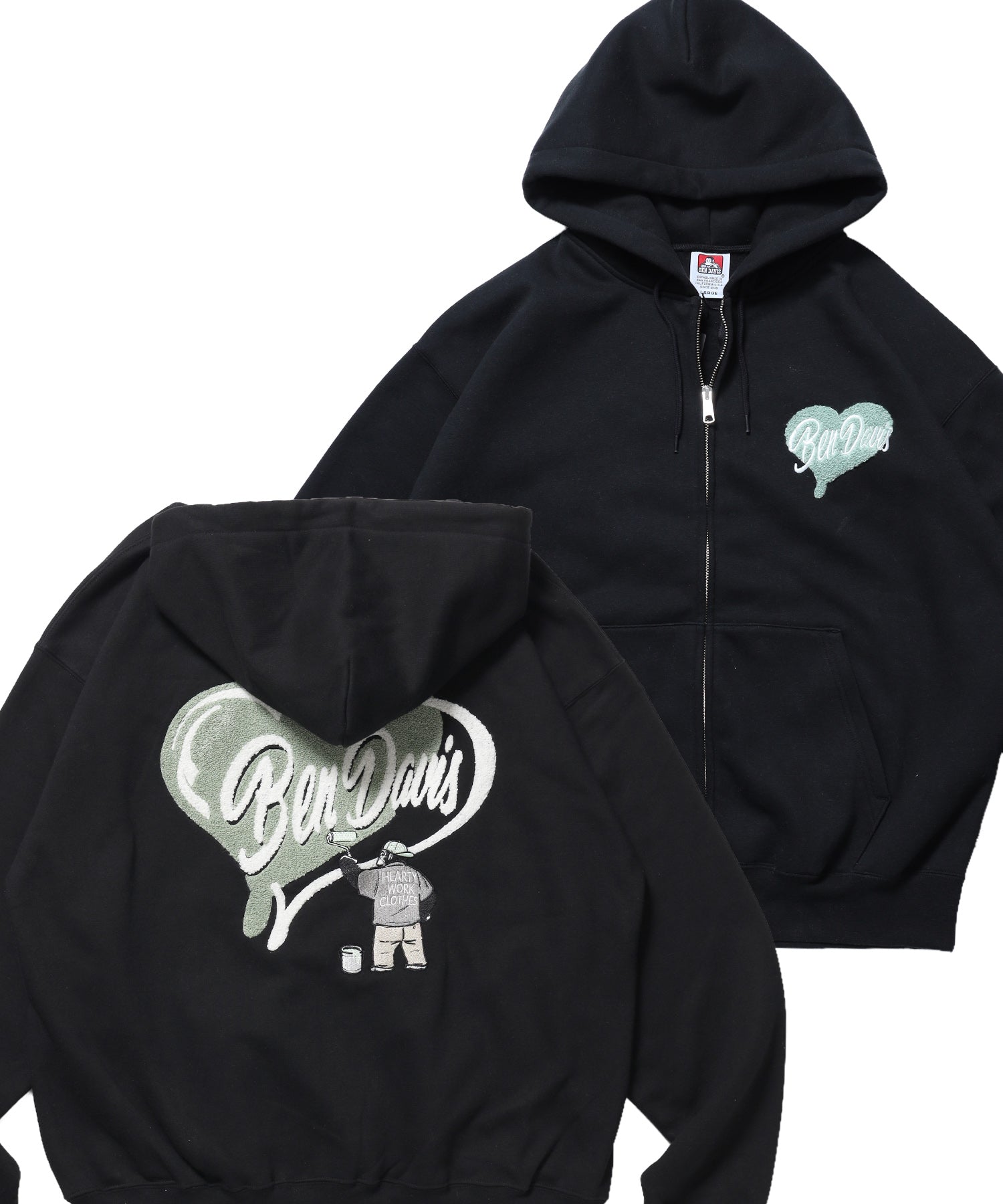 HEART CHENILLE ZIP HOODIE / ジップパーカー フード ハート チェニール 刺繍 裏起毛 ユニセックス ブラック