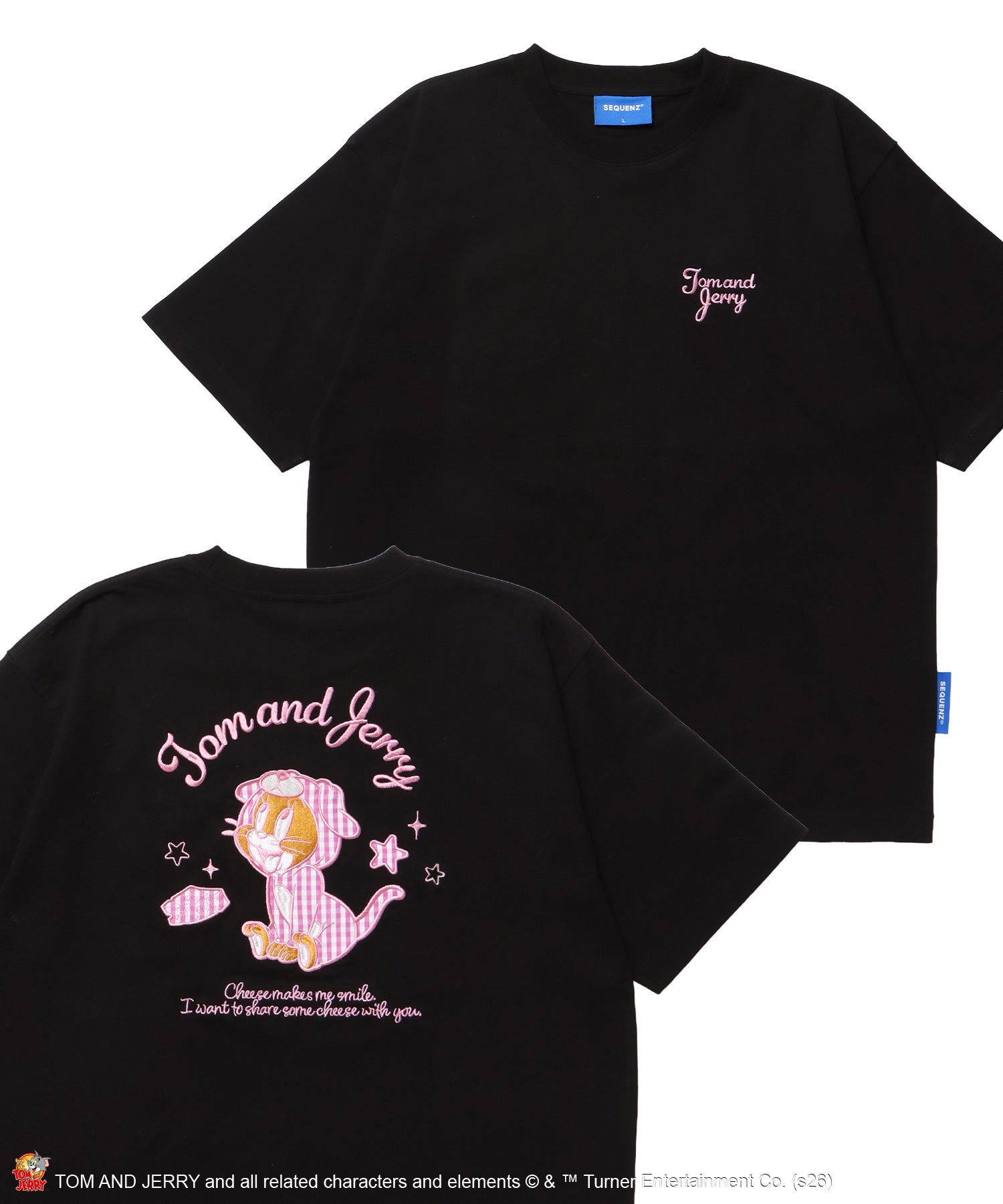 TJ GINGHAM DOG TEE / トムとジェリー 半袖 クルーネック 刺繍 ワンポイント ワッペン ユニセックス オーバーサイズ レイヤード ブラック