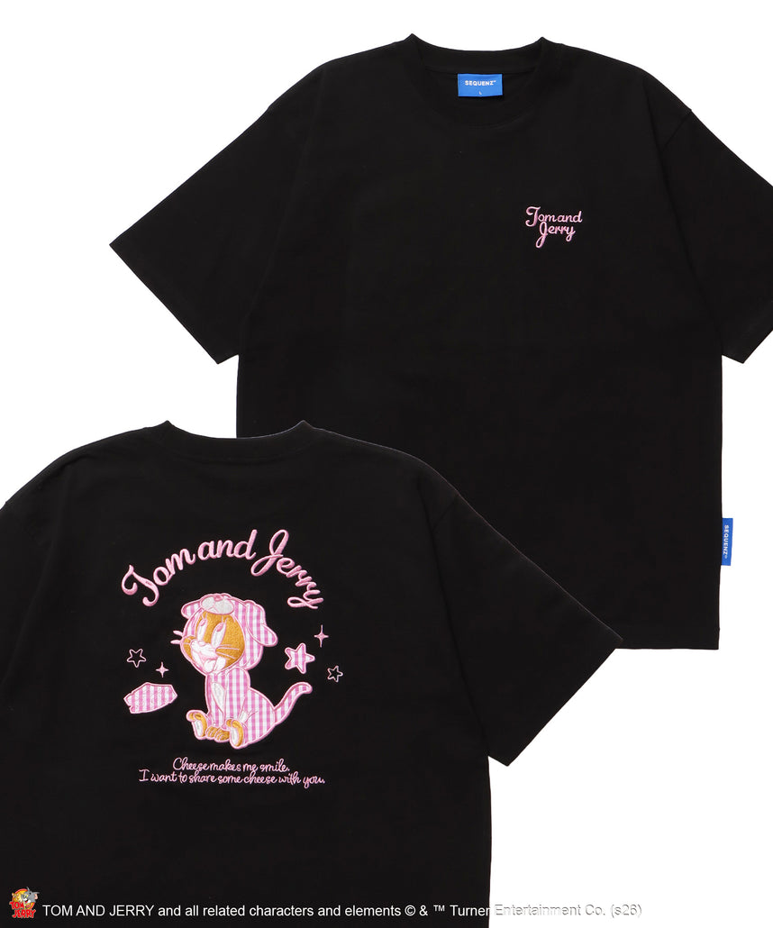TJ GINGHAM DOG TEE / トムとジェリー 半袖 クルーネック 刺繍 ワンポイント ワッペン ユニセックス オーバーサイズ レイヤード ブラック