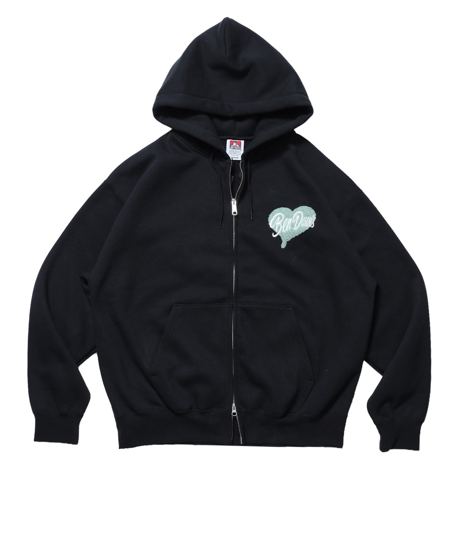 HEART CHENILLE ZIP HOODIE / ジップパーカー フード ハート チェニール 刺繍 裏起毛 ユニセックス ブラック