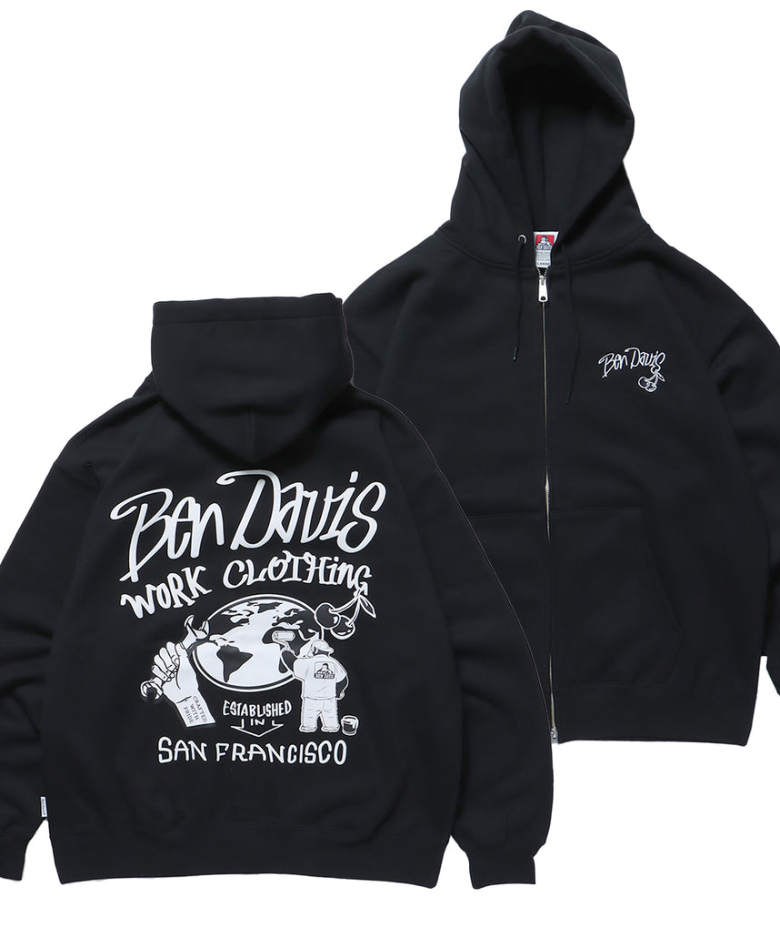 WALL TAGGING ZIP HOODIE / フーディ スウェット ジップパーカー ワイドシルエット ブラック