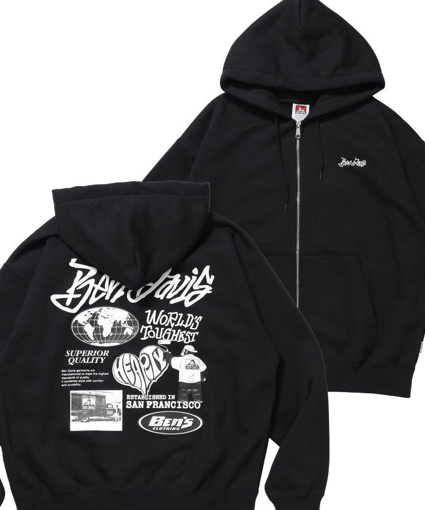 TAGGING ZIP HOODIE / ジップパーカー フード タグ 刺繍 裏起毛 ユニセックス ブラック