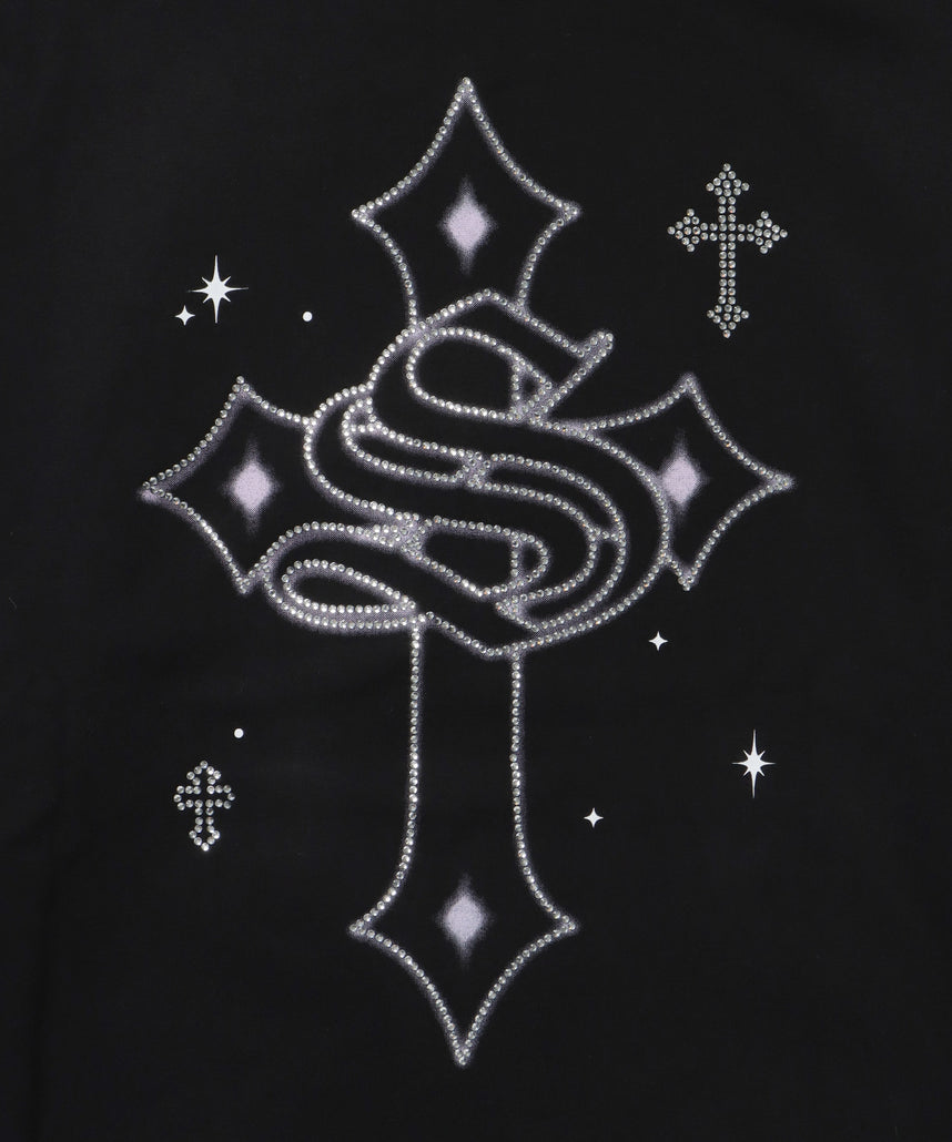 CROSS RHINE STONE ZIP P/K / パーカー ジップパーカー ラインストーン クロスデザイン 裏起毛 ダブルジップ 短丈 【セットアップ】 ブラック