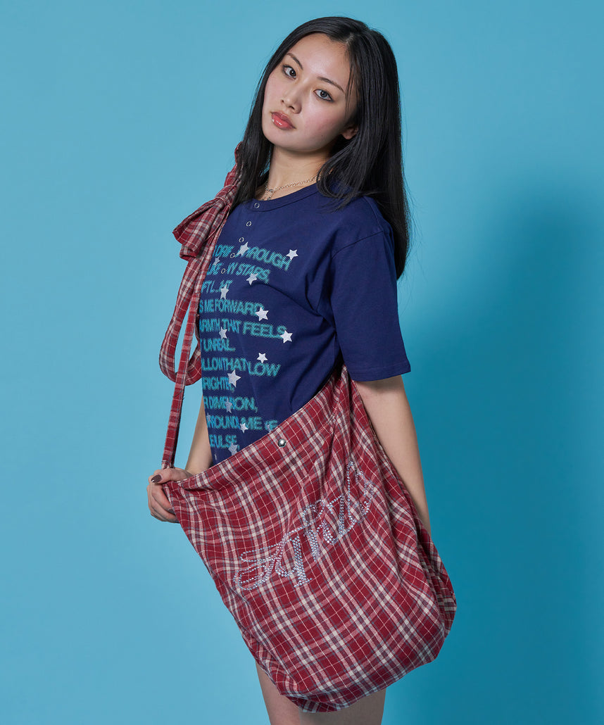 ≪予約商品≫sqnz favorite kira-kira totebag / ラインストーン バック チェック柄 2way ユニセックス レッド