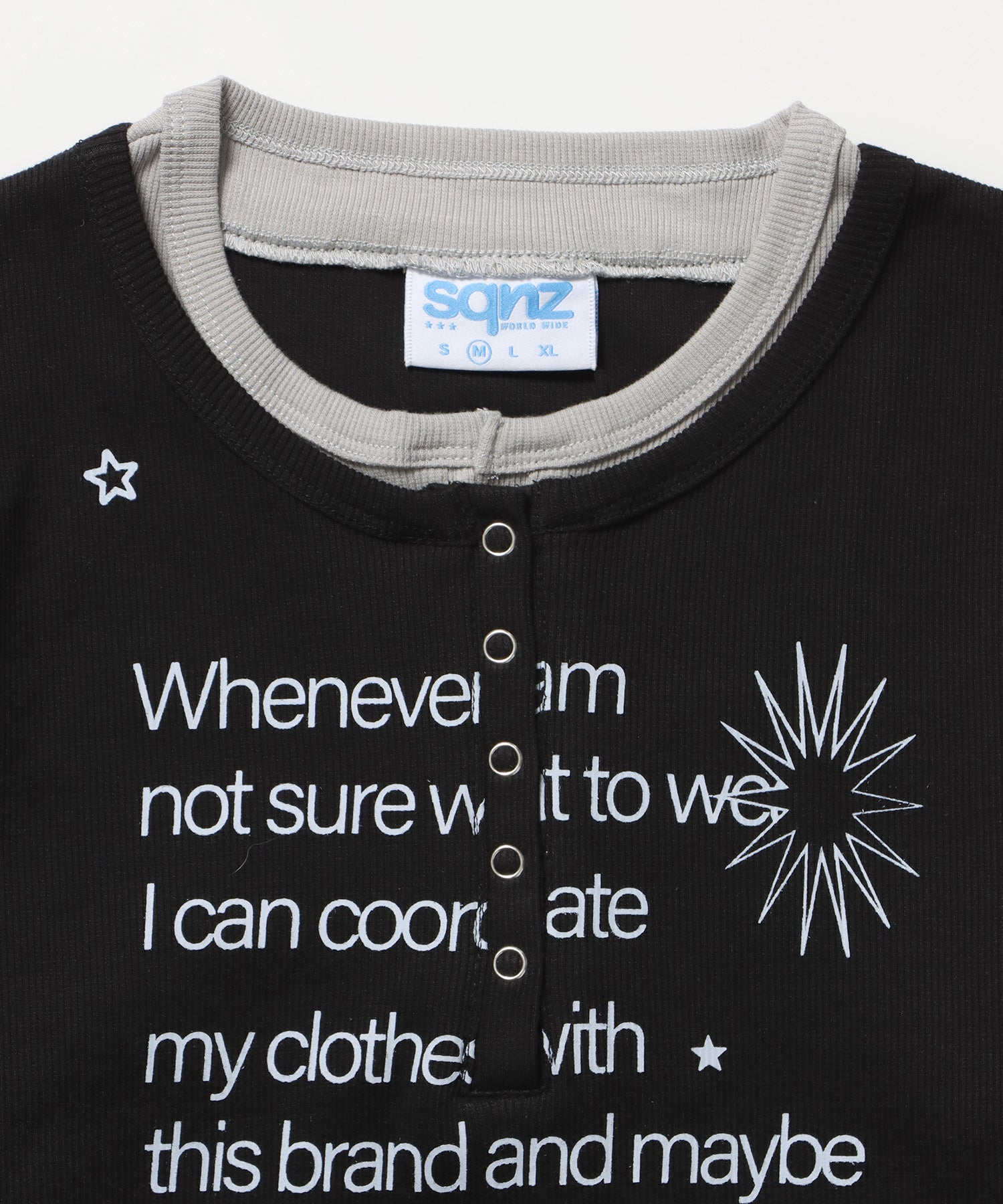 sqnz fake layered henley star l/s tee / 長袖 プリント ヘンリー フェイクレイヤード ツートーン ブラック