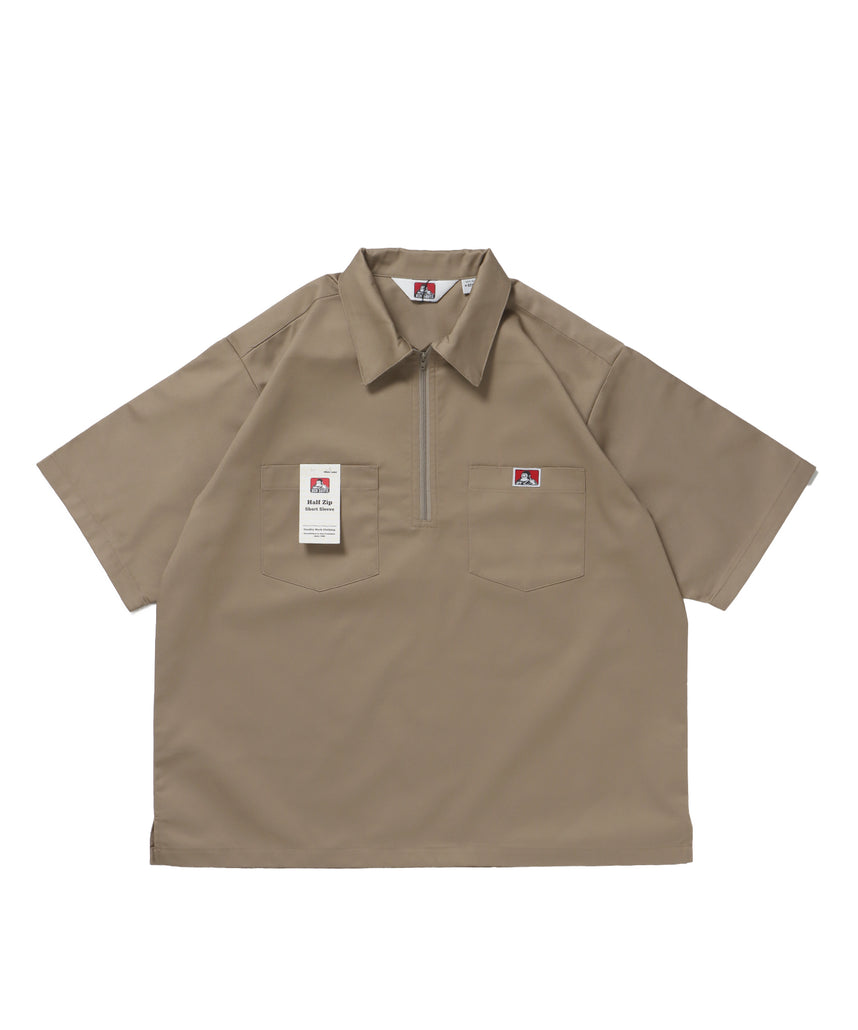 1/2ZIP S/S SHIRT / ハーフジップ シャツ 半袖 クルーネック ワンポイント ピス ワンポイント 【セットアップ着用可能】 ベージュ
