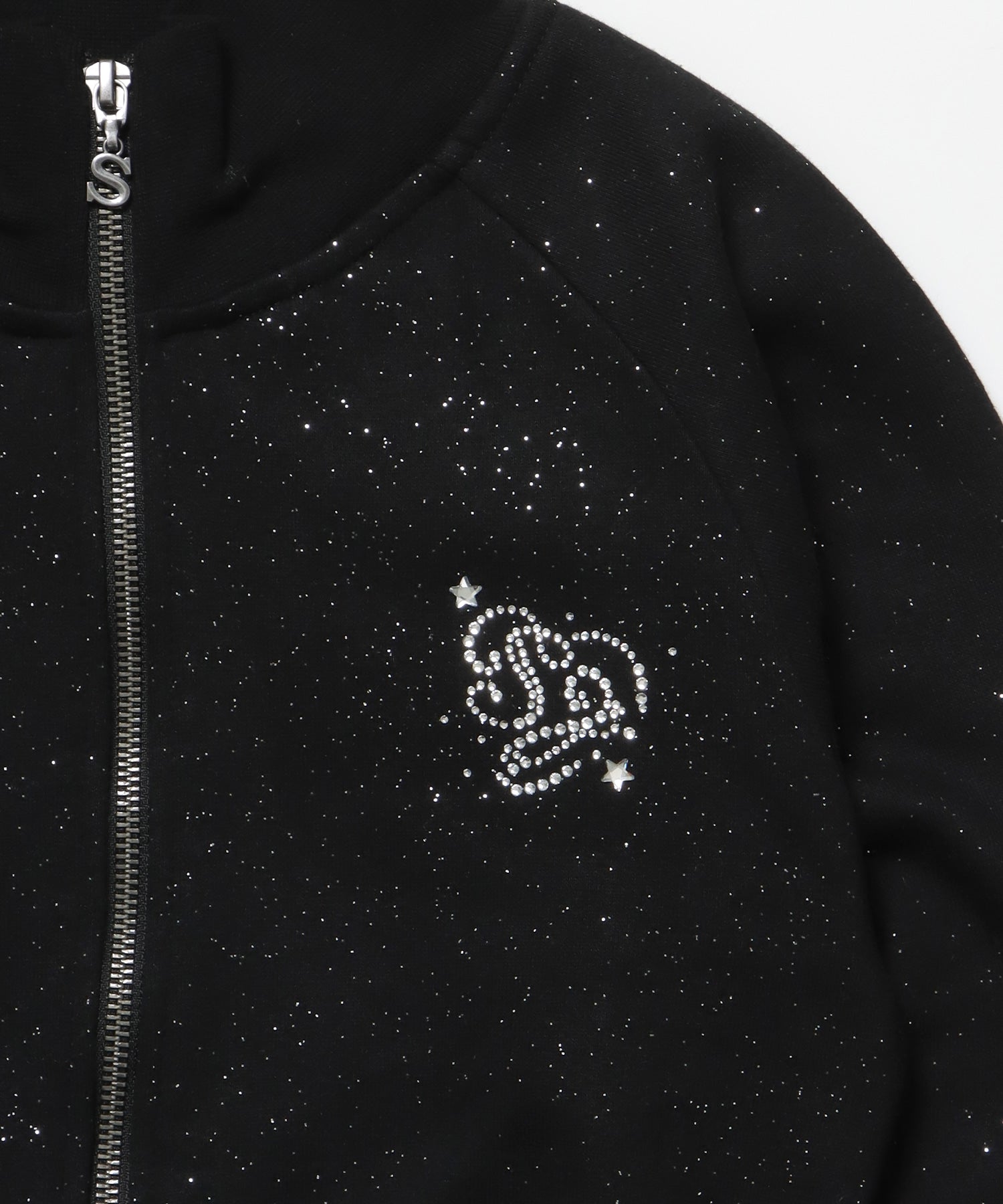 sqnz glitter zip top / グリッター ダブルジップ ジップスウェット 裏起毛 ラインストーン 【セットアップ着用可能】 ブラック