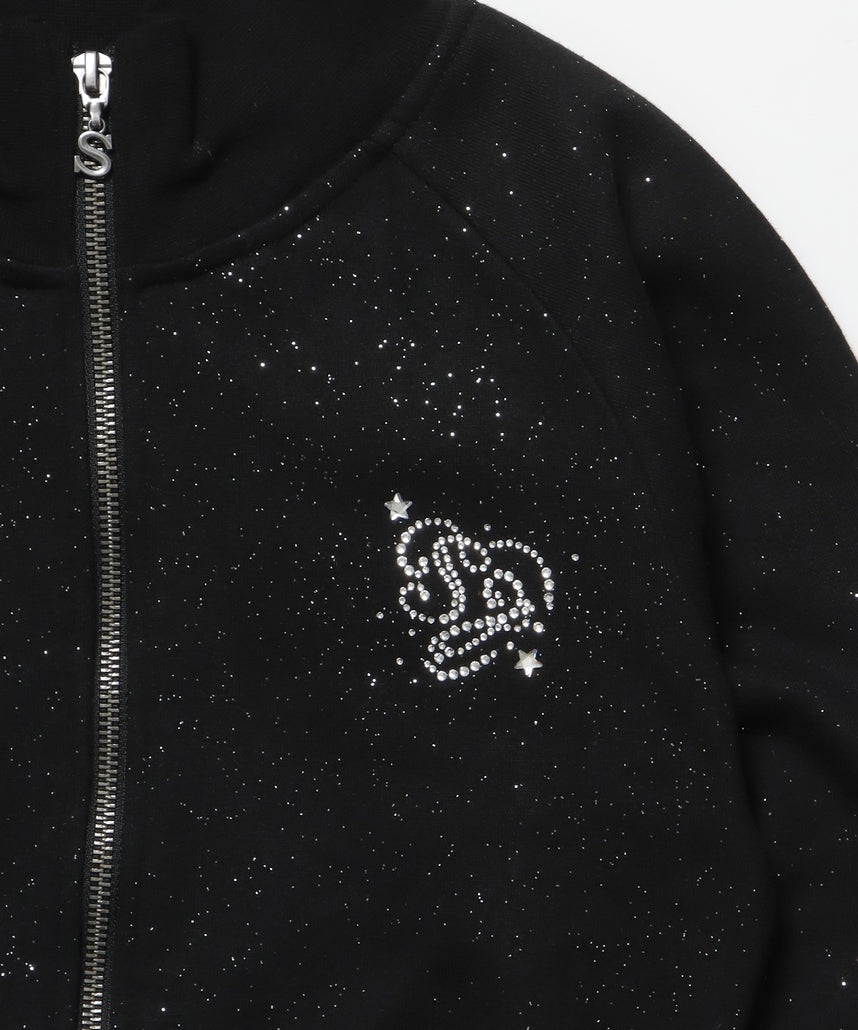 sqnz glitter zip top / グリッター ダブルジップ ジップスウェット 裏起毛 ラインストーン 【セットアップ着用可能】 ブラック