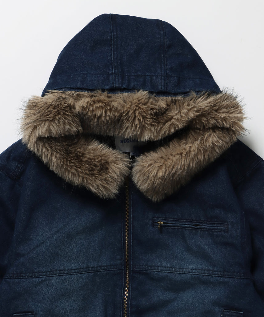 FUR DENIM HOODIE JKT / デニム ジャケット ファー 中綿 ダブルジップ フーディ ブルー